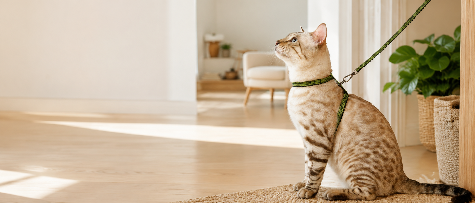 Cat in the Pounce harness exploring a bright living room