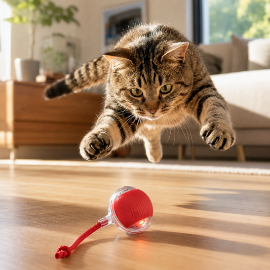 Pounce auto-rolling red cat ball toy with faux-tail