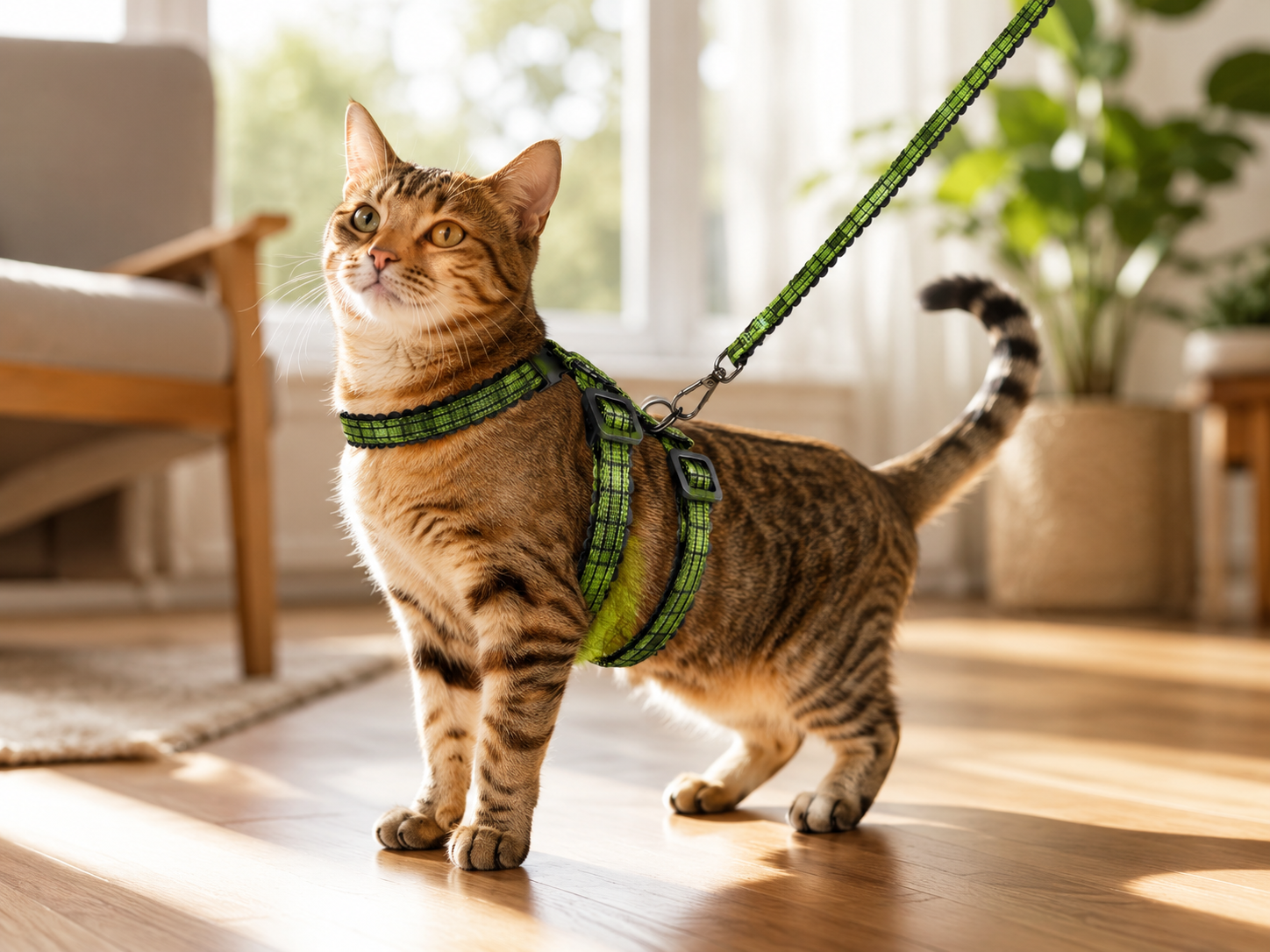 Cat wearing the Pounce escape-proof harness at home